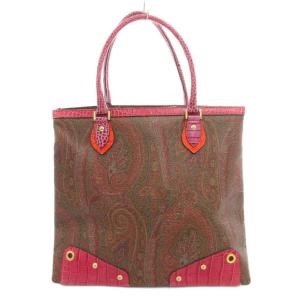 ハンドバッグ ブラウン ピンク ペイズリー柄 クロコ型押し