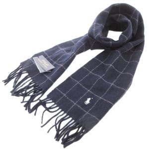タグ付き チェックマフラー ストール フリンジ ポニー刺繍 紺 ネイビー 白 ホワイト /GV GY18