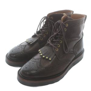 カントリーブーツ ショート 牛革 レザー ウィングチップ メダリオン フリンジ 27?p 茶色 ブラウン