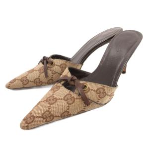 ミュール パンプス GG柄 キャンバス ポインテッドトゥ 4C 茶 ブラウン ベージュ /JS GY18