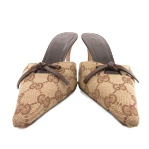 GUCCI ミュール パンプス GG柄 キャンバス ポインテッドトゥ 4C 茶 ブラウン ベージュ /JS GY18