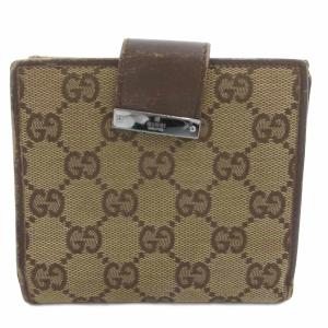 GGキャンバス 二つ折り財布 コンパクトウォレット Wホック 小銭入れあり ロゴ レザー ベージュ 茶