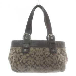 ハンドバッグ トート キャンバス レザー シグネチャー ロゴ ベージュ 茶色 ブラウン F13742 /XZ