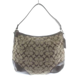 ハンドバッグ ワンショルダー キャンバス レザー シグネチャー ロゴ シルバー金具 ベージュ 茶色 ブラウン