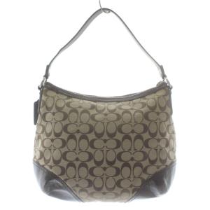 COACH ハンドバッグ ワンショルダー キャンバス レザー シグネチャー ロゴ シルバー金具 ベージュ 茶色 ブラウン