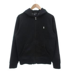パーカー フーディー  S ジップアップ ロゴ刺繍 ワンポイント 長袖 カンガルーポケット 黒 ブラック