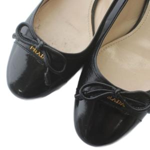 PRADA パンプス エナメル レザー ラウンドトゥ ヒール リボン ロゴ 37 24?p 黒 ブラック /XZ GY18