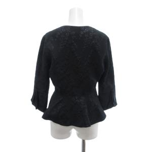 ARMANI COLLEZIONI ノーカラージャケット 38 ボタニカル柄 シルク混 Vネック 七分袖 紺 ネイビー /NU GY18
