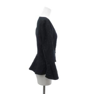 ARMANI COLLEZIONI ノーカラージャケット 38 ボタニカル柄 シルク混 Vネック 七分袖 紺 ネイビー /NU GY18