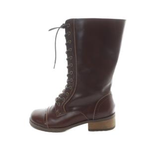 ロングブーツ レザー レースアップ ヒール ロゴ M 23.5cm 茶 ブラウン GY18 /MQ