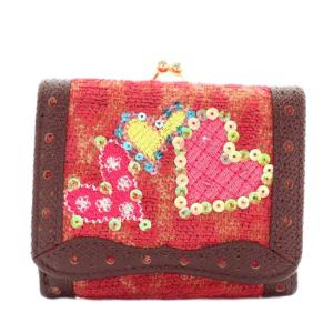 アニマルハート 財布 三つ折り がま口 刺繍 スパンコール 総柄 茶色 ブラウン ピンク /XZ GY18