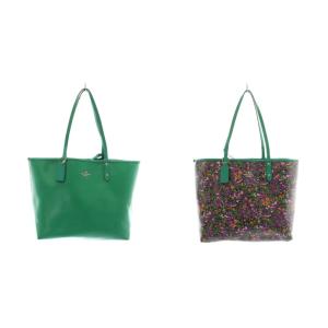 COACH トートバッグ リバーシブル レザー 花柄 フローラル ポーチ付き ロゴ 緑 グリーン 紫 パープル F57667