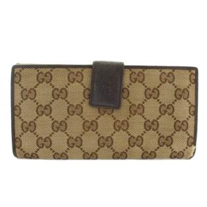 GUCCI 長財布 二つ折り GGキャンバス レザー Wホック ロゴプレート 総柄 茶色 ブラウン 112715・3661