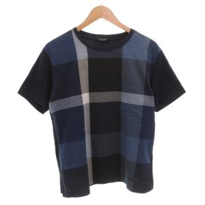 Tシャツ 半袖 チェック柄 シアサッカー 切替 M 紺 ネイビー /FF  GY18