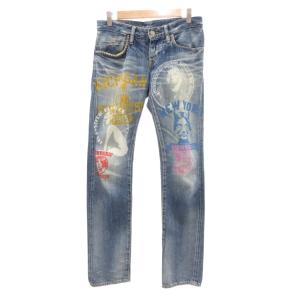 デニムパンツ ジーンズ XXS インディゴブルー ヒスガール プリント ダメージ加工 スタッズ /JS