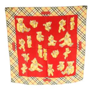 スカーフ シルク ベア柄 チェック柄 レッド ベージュ