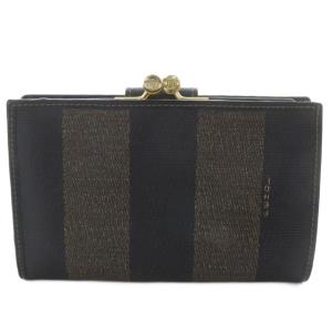 FENDI 財布 二つ折り がま口 ペカン柄 ロゴ PVC ブラック ブラウン /YO15 GY17