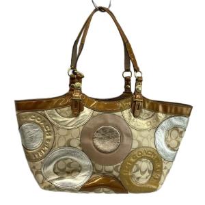 COACH トートバッグ キャンバス エナメル レザー シグネチャー パッチワーク ロゴ ポーチ付き マルチカラー