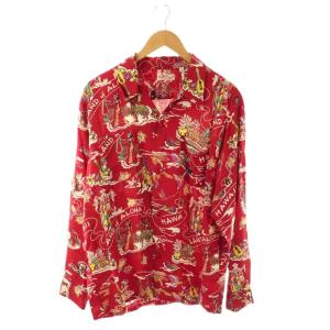 LAND OF ALOHA アロハシャツ 長袖 総柄 L レッド SS22138 /DF GY40