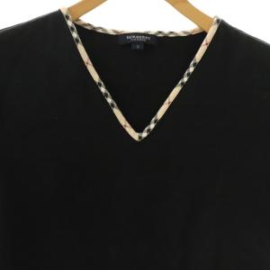 BURBERRY LONDON カットソー 半袖 Vネック ノバチェック 切替 ストレッチ ロゴ 2 黒 ブラック /BB GY18