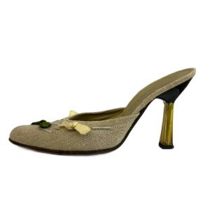 PRADA ミュール キャンバス ポインテッドトゥ ハイヒール ビーズ リボン 36 23cm ベージュ /XZ GY18