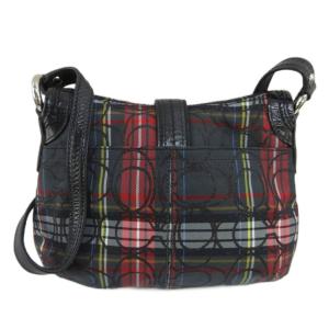 COACH ソーホー ショルダーバッグ キャンバス レザー シグネチャー タータンチェック柄 黒 ブラック 赤 レッド