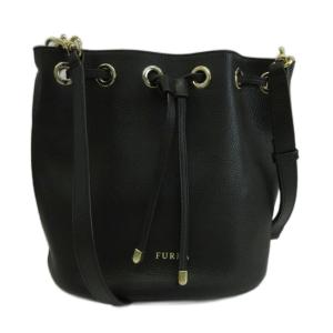 FURLA ショルダーバッグ 巾着型 ブラック ショルダーバッグ 巾着バッグ レザー ロゴ ゴールド金具 黒 ブラック