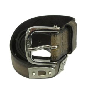 ベルト 牛革 レザー バックル USED加工 ロゴプレート シルバー金具 85/34 茶色 ブラウン X07779