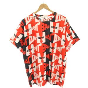 Tシャツ カットオフ 総柄 半袖 ロゴ S 赤 レッド 白 ホワイト 黒 ブラック G013T009 /HN