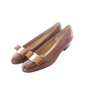 ヴァラ Vara パンプス 6.5 24cm TAN リボン飾り 型押し ヒール /RI OS GY18