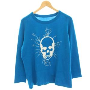 ニット セーター 薄手 長袖 スカル ラインストーン カシミヤ カットオフ S 青 ブルー /HN GY18