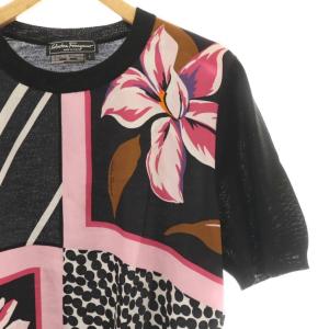 Salvatore Ferragamo ニット カットソー 半袖 花柄 ウール シルク混 L ブラック マルチカラー /CX GY18
