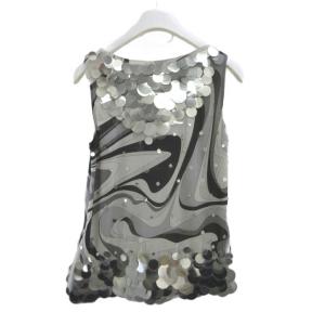 Emilio Pucci シャツ ブラウス ノースリーブ 絹 シルク 40 白 ホワイト 黒 ブラック グレー スパンコール 抽象柄
