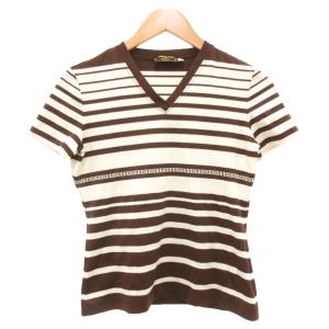美品 Tシャツ カットソー ニット 42 ブラウン ボーダー柄 ズッカ柄 Vネック 半袖  /SD GY11