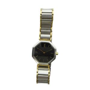 YVES SAINT LAURENT ジャンク品 2200-222377 腕時計 クォーツ オクタゴン ウォッチ 黒文字盤 シルバー色 GY11