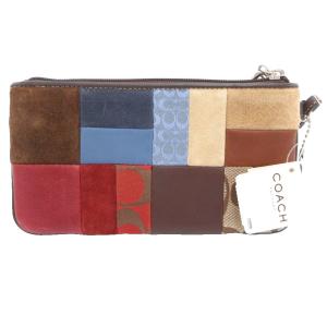 COACH ポーチ シグネチャー パッチワーク リストレット レッド ブルー ブラウン マルチカラー レザー スエード