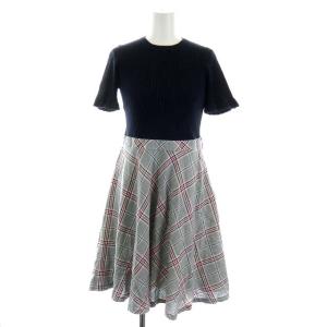 ワンピース ひざ丈 ニット 切り替え 半袖 チェック 38 M グレー 紺 ネイビー