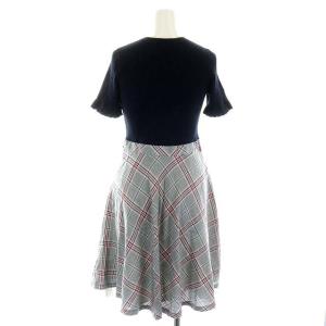 BLUE LABEL CRESTBRIDGE ワンピース ひざ丈 ニット 切り替え 半袖 チェック 38 M グレー 紺 ネイビー