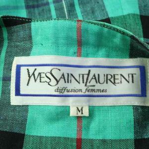 YVES SAINT LAURENT ヴィンテージ セットアップ ノーカラージャケット 五分袖 タイトスカート リネン M グリーン