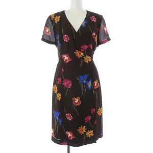 ワンピース 半袖 ひざ丈 ラップワンピース 花柄 9 M 茶 ブラウン マルチカラー