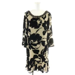 ワンピース ひざ丈 総柄 ビジュー シルク 36 ベージュ ブラック