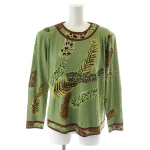 ファッション FASHION カットソー 長袖 フェザー レオパード ヒョウ柄 総柄 ウール 絹混 シルク混 L 緑 グリーン