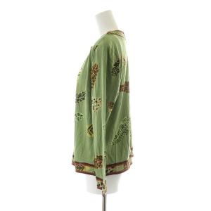 LEONARD ファッション FASHION カットソー 長袖 フェザー レオパード ヒョウ柄 総柄 ウール 絹混 シルク混 L 緑 グリーン