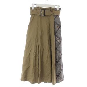フレアスカート ロング ベルト チェック柄 ウール 36 ベージュ グレー