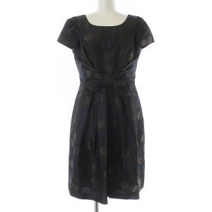 ワンピース フレンチスリーブ ひざ丈 水玉柄 リボン 38 M 茶 ブラウン ネイビー