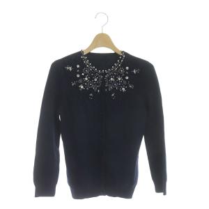 カーディガン ニット ビジュー 九分袖 クルーネック 36 ネイビー