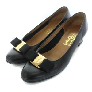 ヴァラ パンプス ラウンドトゥ リボン チャンキーヒール レザー 4.5E ブラック