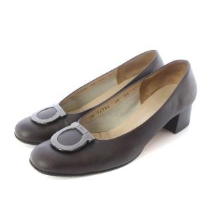 パンプス シューズ スクエアトゥ チャンキーヒール ガンチーニ 6.5 ブラウン