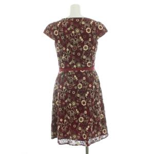 TOCCA 花柄 刺繍 ワンピース ひざ丈 リボン 半袖 フレンチスリーブ 2 S ボルドー ベージュ