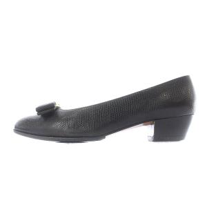 Salvatore Ferragamo パンプス シューズ ラウンドトゥ チャンキーヒール ヴァラリボン 5.5 ブラック